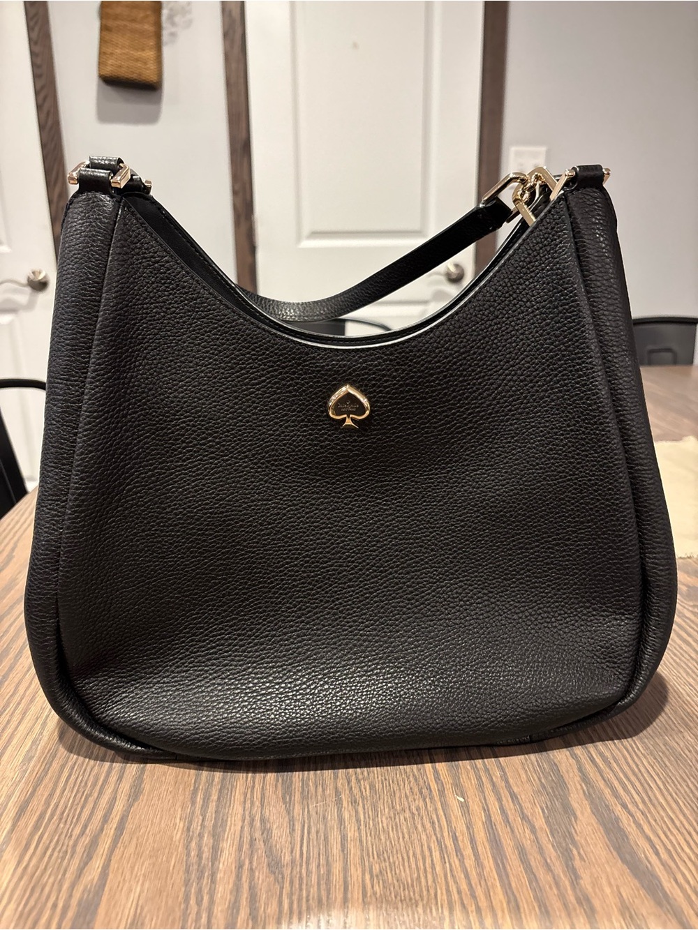 kate spade Black Pebbled Leather Shoulder Hobo with Gold Spade Logo